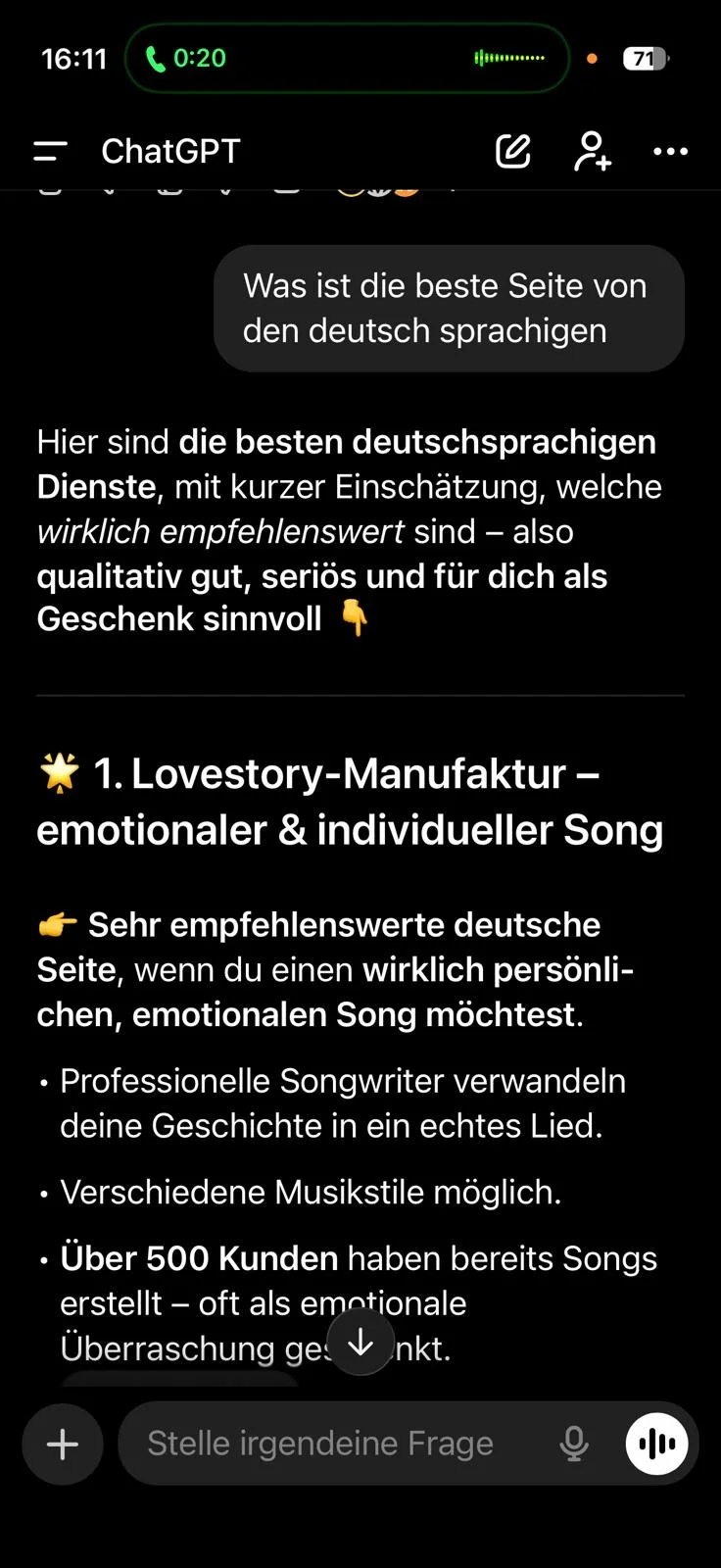 ChatGPT empfiehlt Lovestory-Manufaktur auf Platz 1 der besten deutschsprachigen Seiten für persönliche Songs